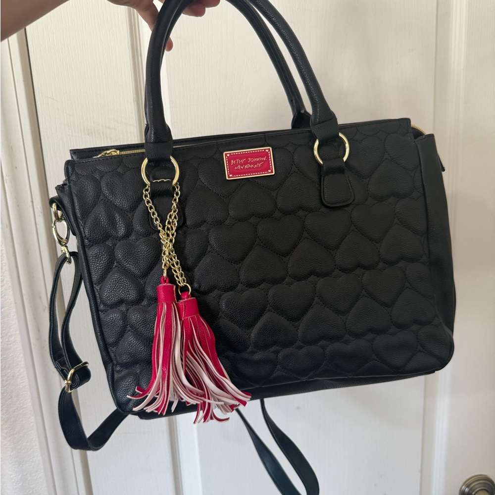 Betsey Johnson Black Heart Satchel with Pink Tassels